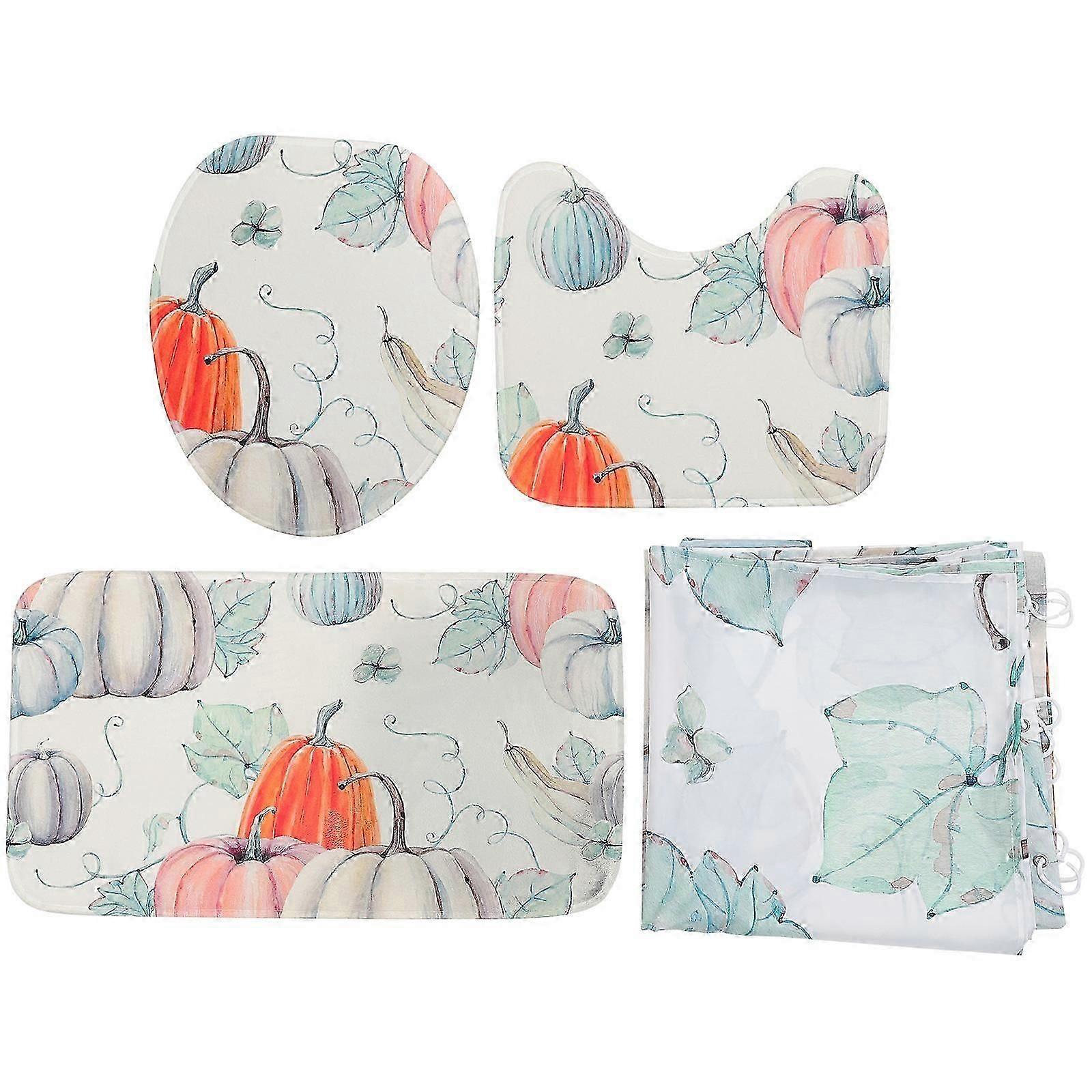 Pumpkin Pattern Waterproof Shower Curtain for Bathroom 4Pcs Set