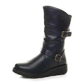 Ajvani womens ladies low wedge heel ruched buckle winter comfort calf boots size