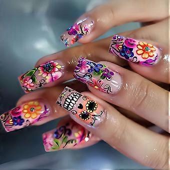 Halloween Press On Manicure 24 Piece Set With Floral Skull Design, Shine ABS Coffin Pieces, Accent Detail and Adhesive Tabs for Costume Looks