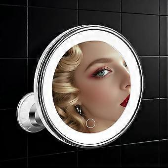 Specchio per il trucco con ingrandimento 10X e luci LED, 3 modalità di colore, 2 modalità di potenza, base a ventosa girevole a 360°, rimovibile per il viaggio.
