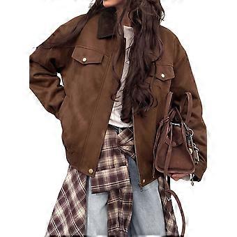 Women'S Turn Down Collar Coat Lapel Loose Zip Up Casual Jacket Coffee Brown XL