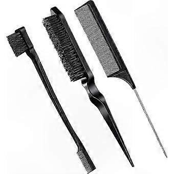 3-Piece Hair Brush Set with Teasing Comb and Rat Tail Comb for Women, Kids, Babies (Black)