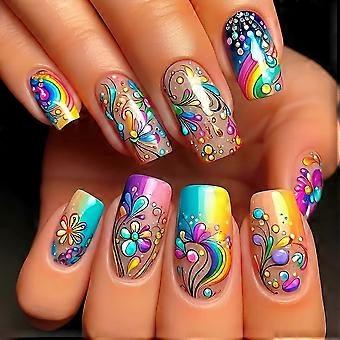 Press On Nails Medium Square Set with Rainbow Gradient and Colorful Stripe Acrylic Design, 24 Pcs