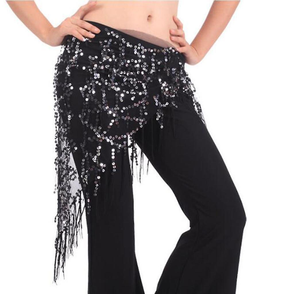 Lady's Belly Dance Sequins Triangle Hip Scarf With Tassel Black Silver