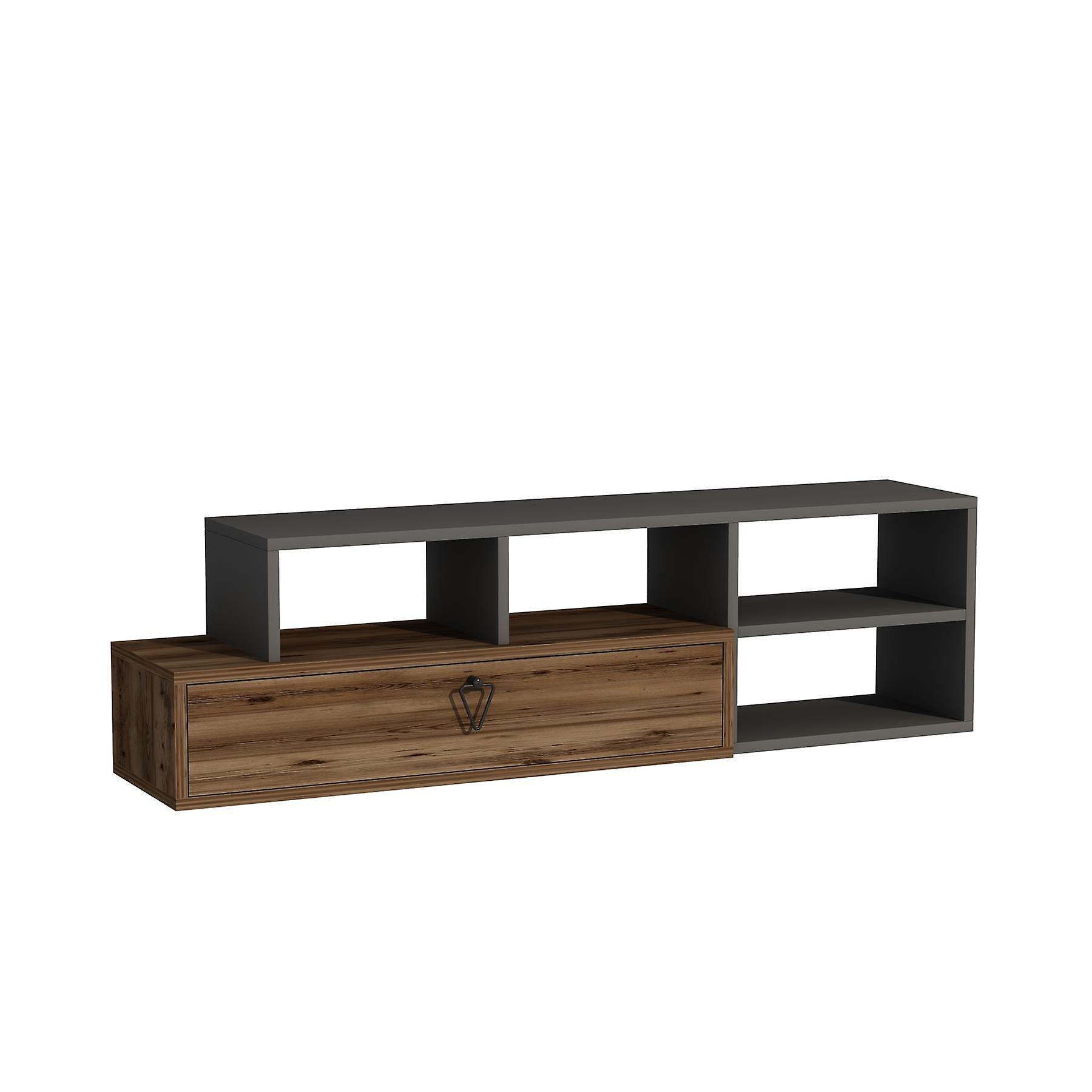 Mercury Adjustable TV Stand with Shelves - Light Walnut & Dark Grey