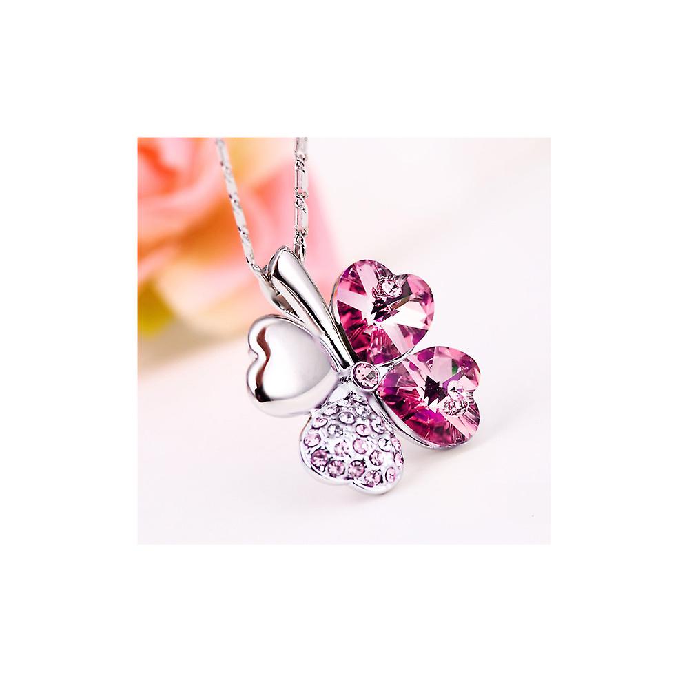Collier Pendentif Trèfle Avec Cristal Rose - Longueur 50 Cm - Alliage Argenté - Neuf Avec étiquettes