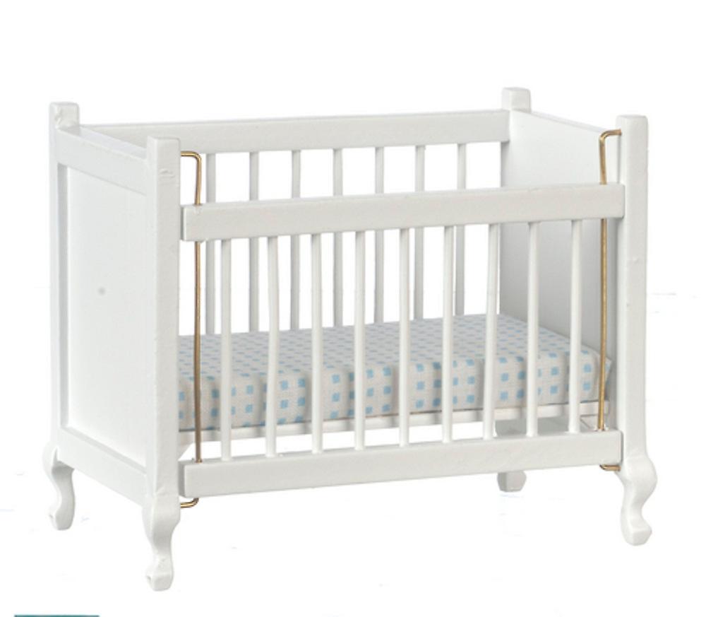 Dolls House White Cot Crib With Mattress Miniature Wooden Baby Nursery Furniture