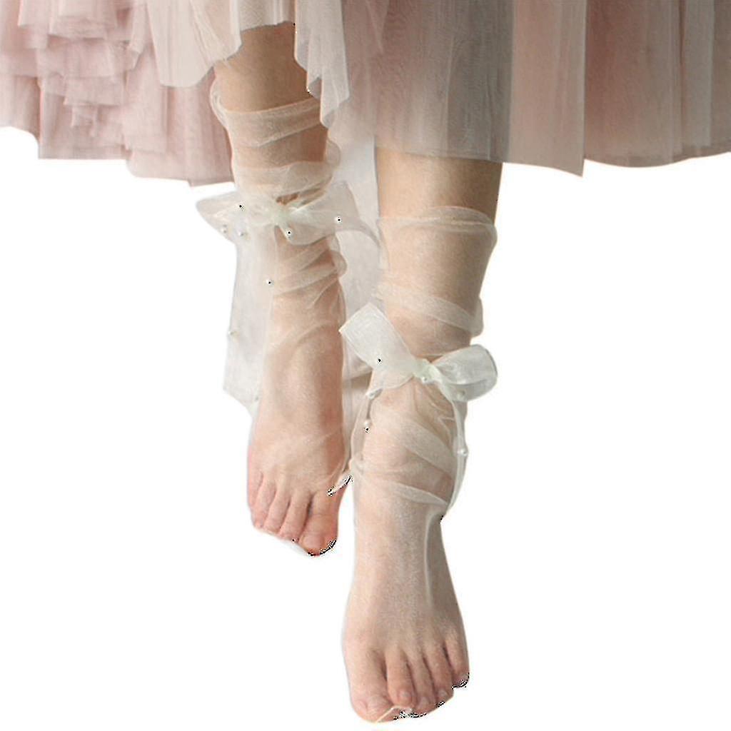 Femei Ultra-subțire Sheer Slouchy glezna șosete Panglica Bow Pearl Mesh Tulle ciorapi