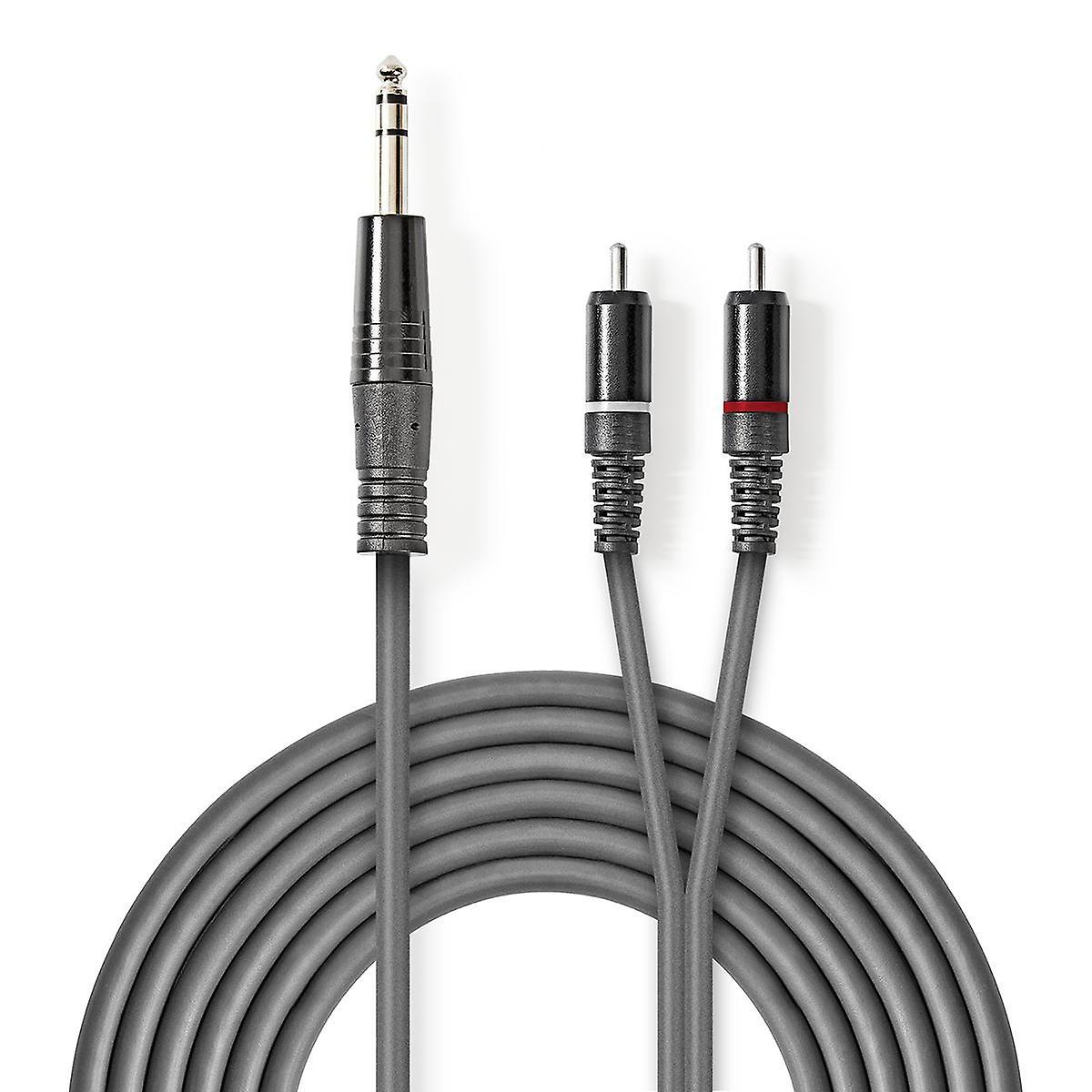 Stereofonní audio kabel | 6,35 mm samec | 2x RCA samec | Poniklované | 1,50 m | Kulatý | Tmavě šedá | Kartonový zásobník