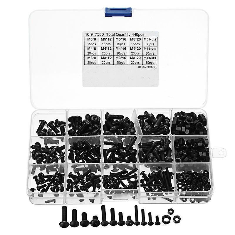 440Pcs M3/m4/m5 Carbon Steel Screw Hex Socket Button Head Bolt Nut Assortment Kit