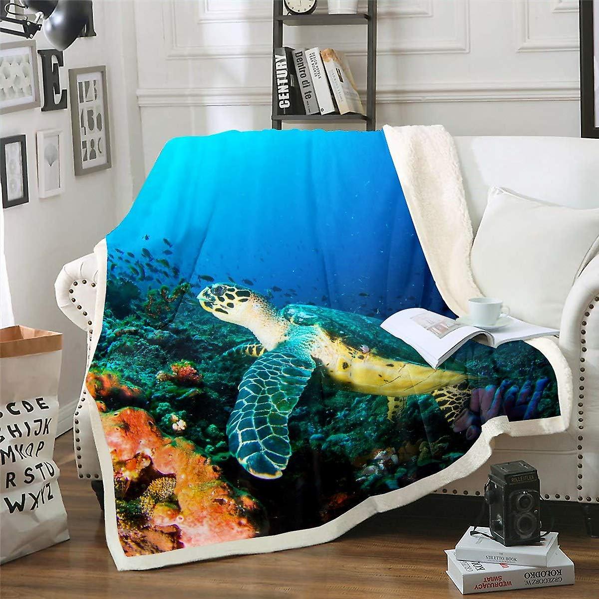 Sea Turtle Fleece Blanket Reptile Printed Sherpa Blanket for Chair Sofa Couch Ocean Marine Themed Fuzzy Blanket D Underwater Animal Plush Throw Blanke