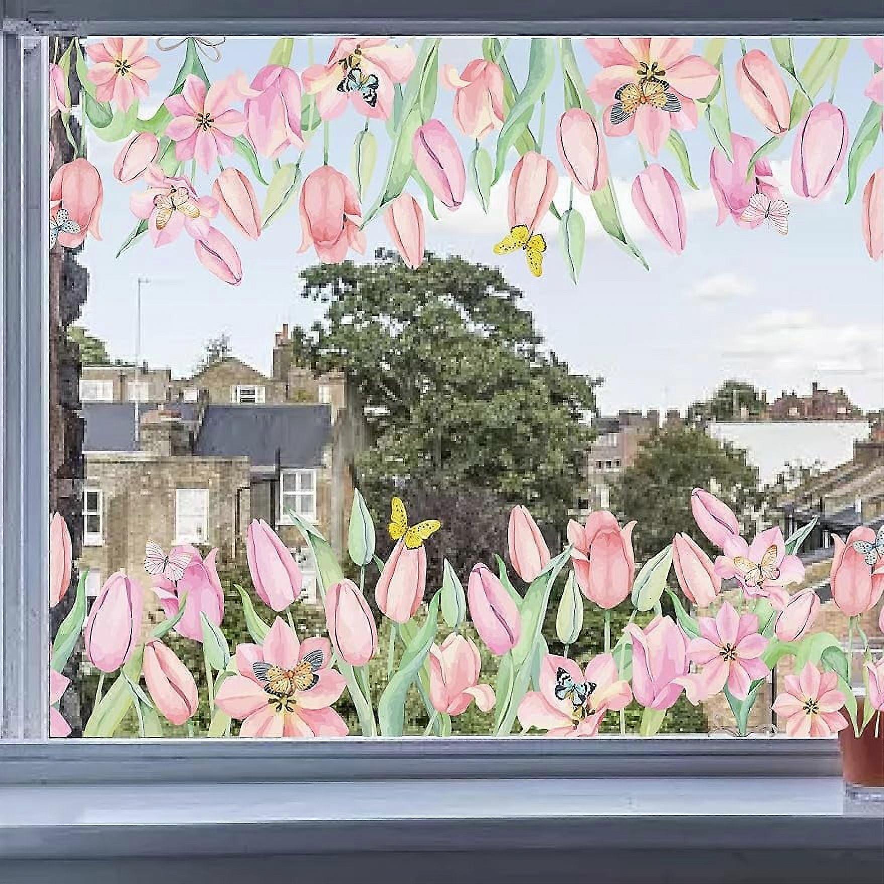 Spring Tulip Large Floral Window Clings Reusable Butterfly Static Transparent Stained Window Sticker Non Adhesive Double-Sided Decals Summer Removable