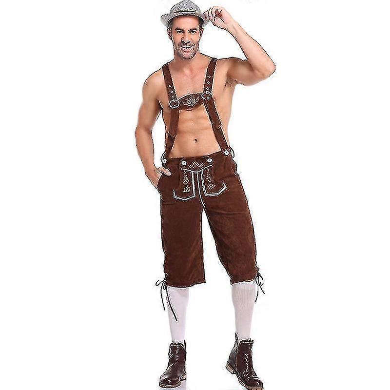 Lederhosen Men - Genuine Leather Authentic German Lederhosen For Men, Oktoberfest Outfit - Short Light Brown-xinhan