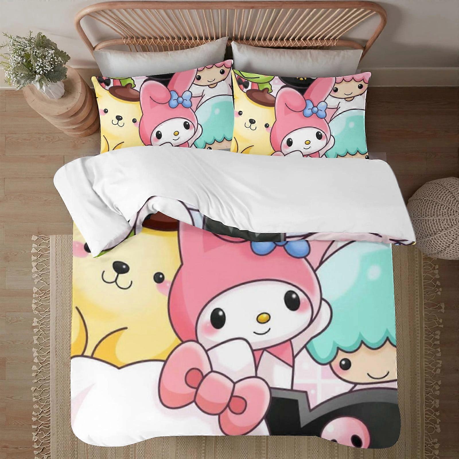 v428 Kuromi Soft Imprimé en 3D Housse de couette Ensemble de literie avec housse de couette L’ensemble de 3 pièces comprend 2 taies d’oreiller et 1 housse lavable en machine ol428