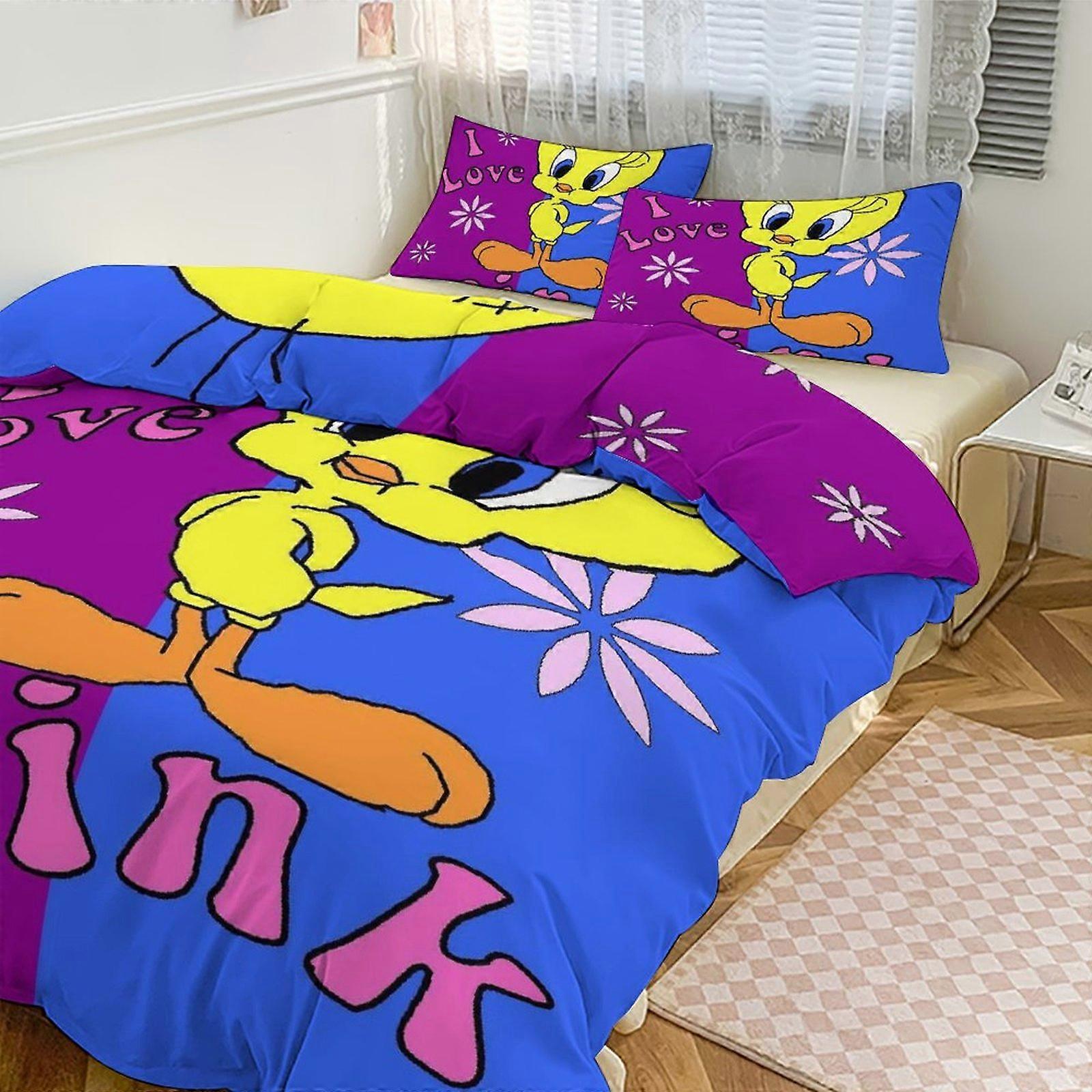 g955 TweetyBird Print Bedding Set Pattern Duvet Cove Set 3 Pieces 1 Quilt Cover And 2 Pillowcases for Women Men Teens 86x70"" tq955