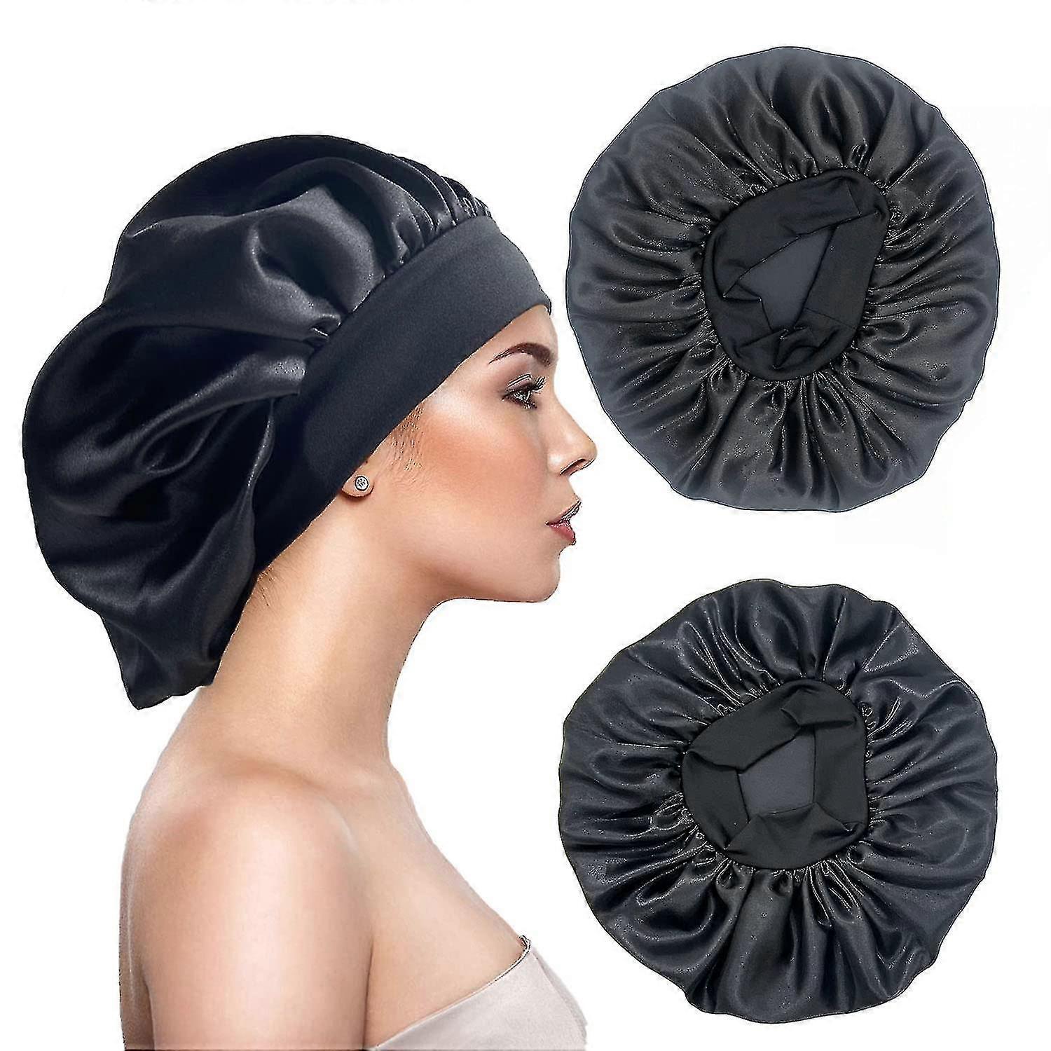2pcs Large Satin Silk Hair Bonnet For Sleeping,elastic Wide Band
