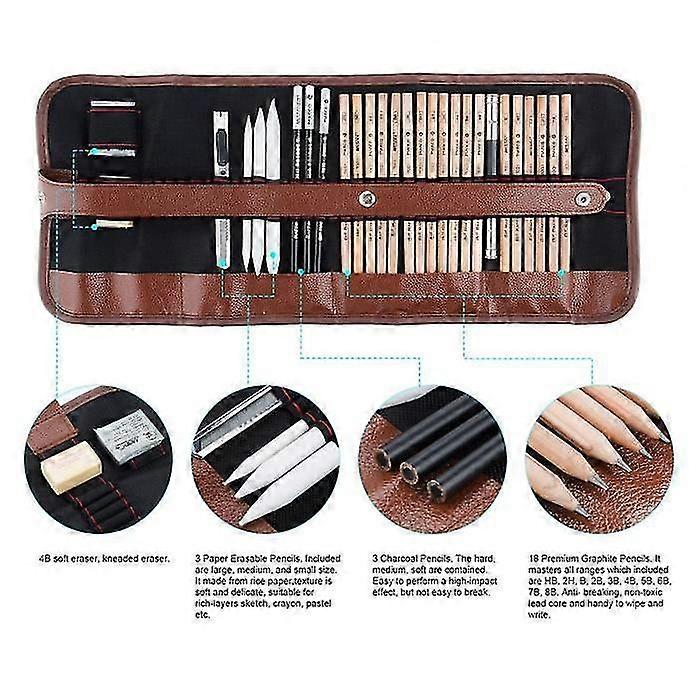 Professional Drawing And Sketching Set With Graphite Pencils, Charcoals, Erasable Pencils, Cutter And Canvas Case