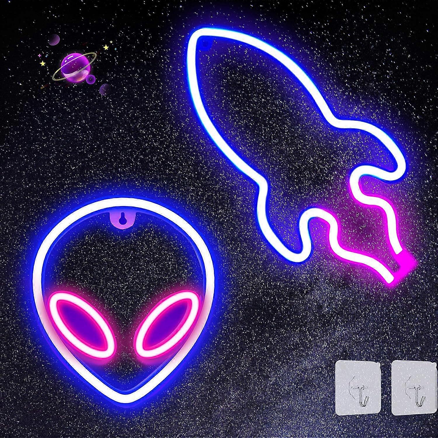 Neonschilder, 2er-Pack Alien Rocket LED Neonlicht, LED-Schilder für Schlafzimmer USB oder batteriebetriebene Neonlichter Schilder