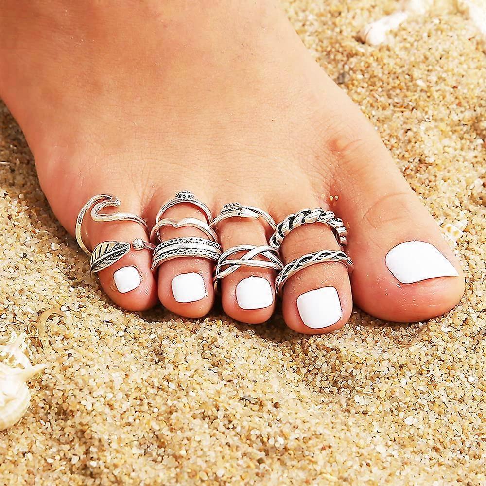 Lot De 9 Bagues De Pied Orteils Plaqué Argent – Motifs Variés Plage Vacances