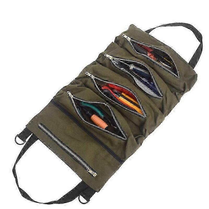 Tool Roll Up Bag With 5 Zipper Pockets Multipurpose Wrench Roll Pouch Canvas Tools Organizer Car Seat Back Storage Hanging Bag First Aid Kit To