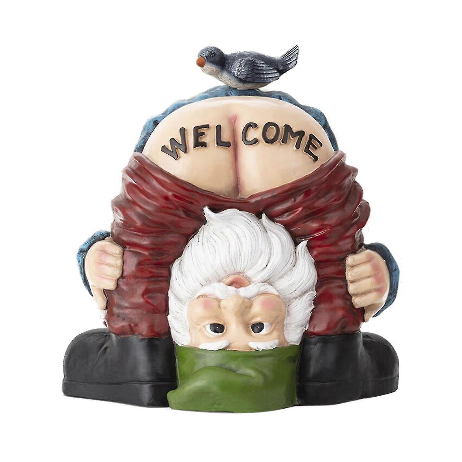 Funny Welcome Gnome With Bird Statue Decorative Prank Dwarf Resin Doll Craft For Garden
