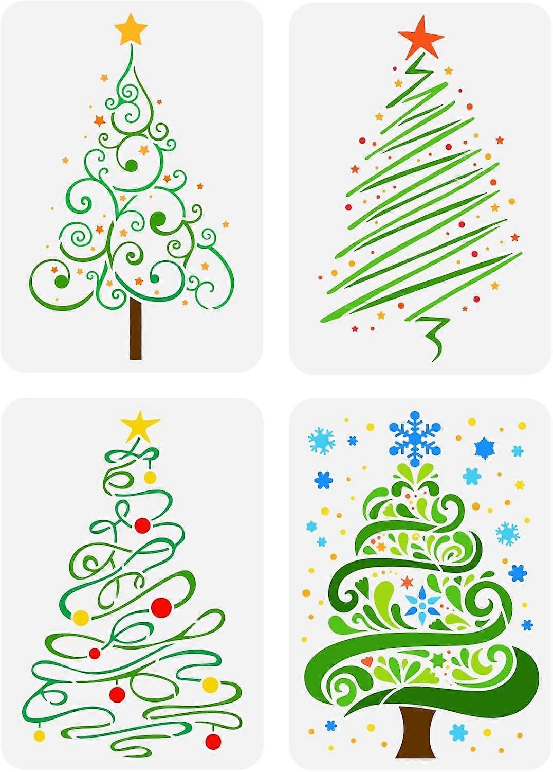 4 Pcs Christmas Tree Stencils 11.7x8.3 inch Christmas Theme Stencils Plastic Tree Stars Snowflake Patterns Template Reusable DIY Art and Craft Stencil