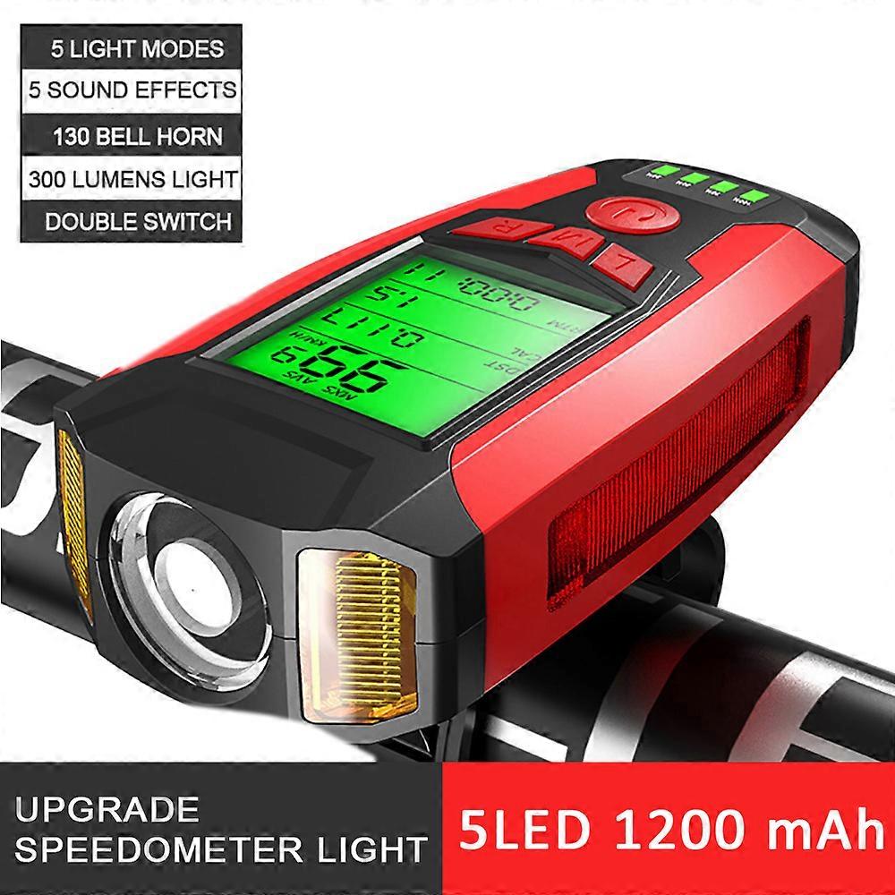 5 In 1 Bike Light USB Charge Bicycle Light With Bicycle Computer LCD Speedometer Odometer Waterproof 5 Modes Horn Cycling Lamp