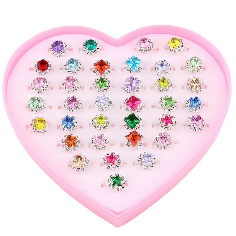 36pcs Rhinestone Rings with Heart Shape Box Adjustable for Kids