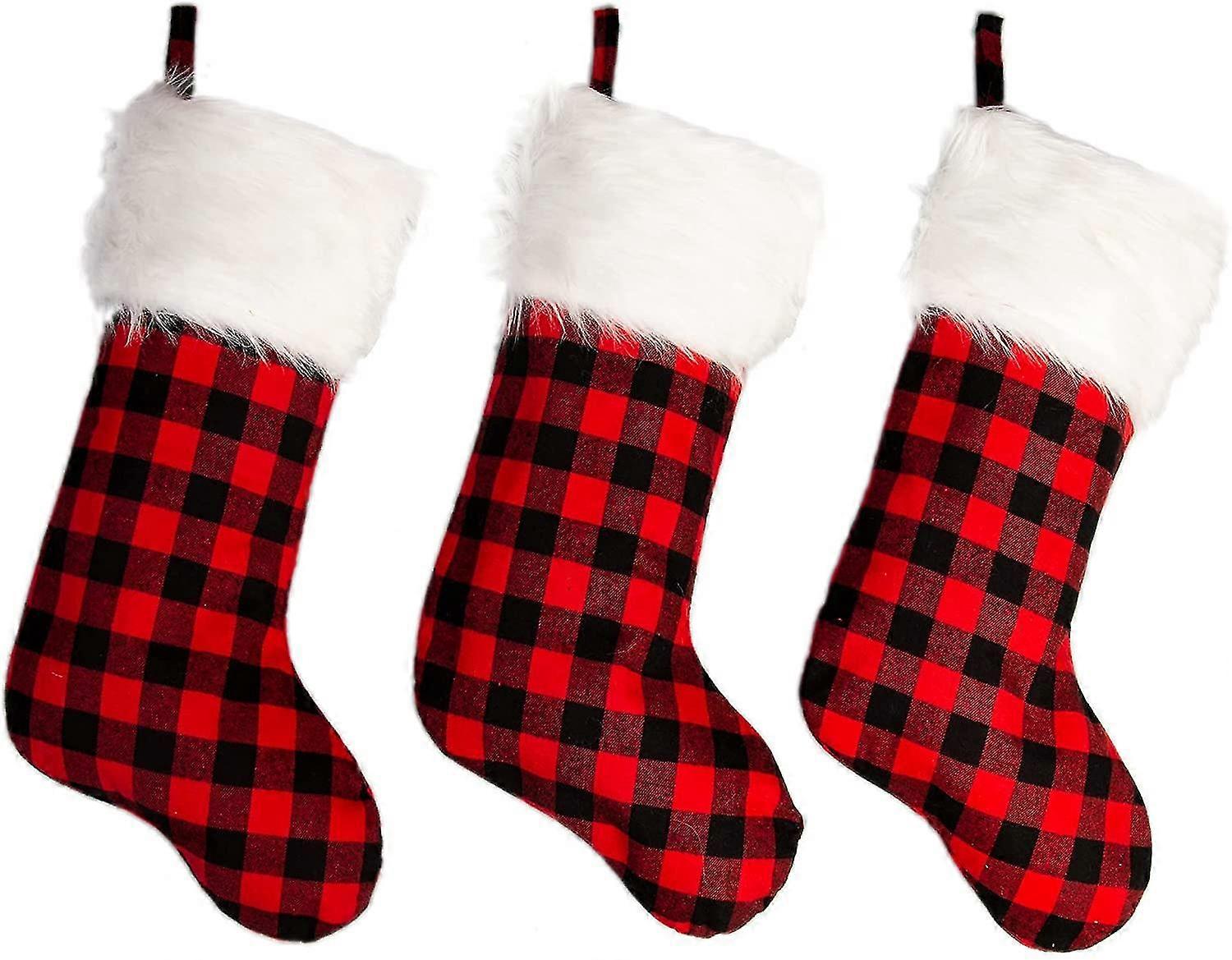 3 Pacote 18 Polegadas Meias de Natal Clássico Buffalo Vermelho Xadrez