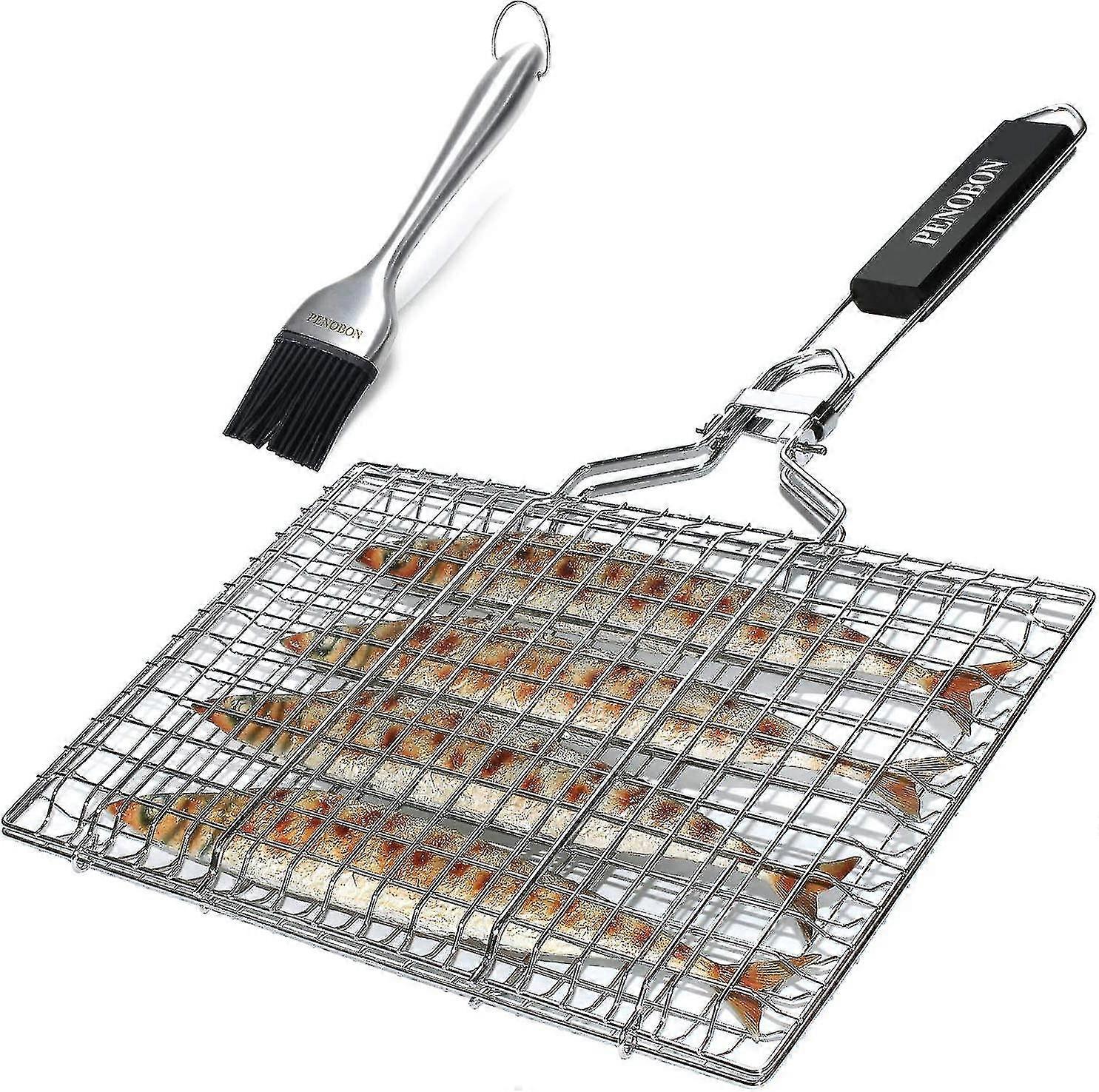Penobon Grill Basket Για Μπάρμπεκιου, Πτυσσόμενο Από Ανοξείδωτο Ατσάλι, Για Μαγείρεμα Ψαριών, Λαχανικών Ή Γαρίδων, Με Αποσπώμενη Λαβή, Βούρτσα Ψησίματος. Νέος