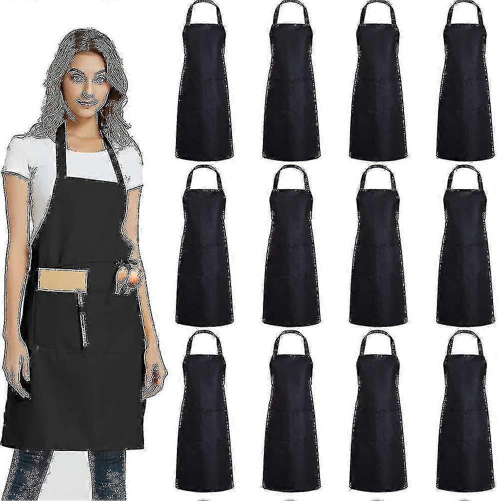 12 Pack Plain Bib Aprons With 2 Pockets - Black Unisex Commercial Apron Bulk