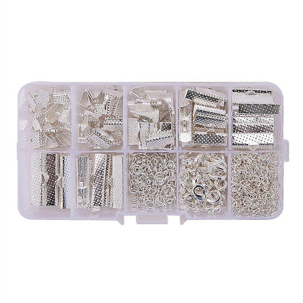 Silver Jewelry Finding Sets with Mixed Sizes Iron Ribbon Ends Alloy Drop End Piece Brass Lobster Claw Clasps and Iron Twist Extender Chains