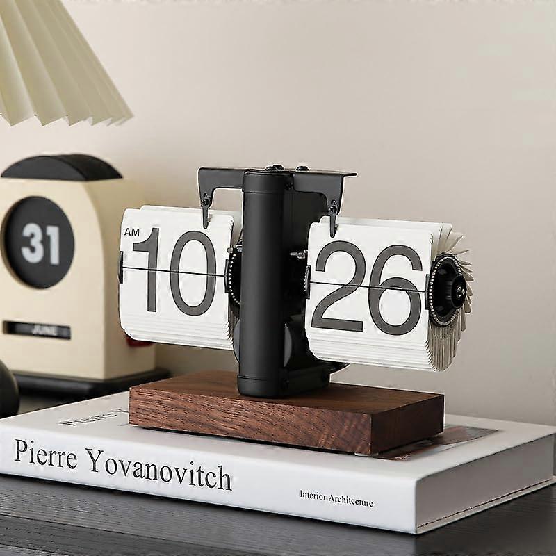 Retro Vintage Flip Desk Clock, Mechanical Flip Clock with Large Numbers, Wood Base for Living Room, Study, Office
