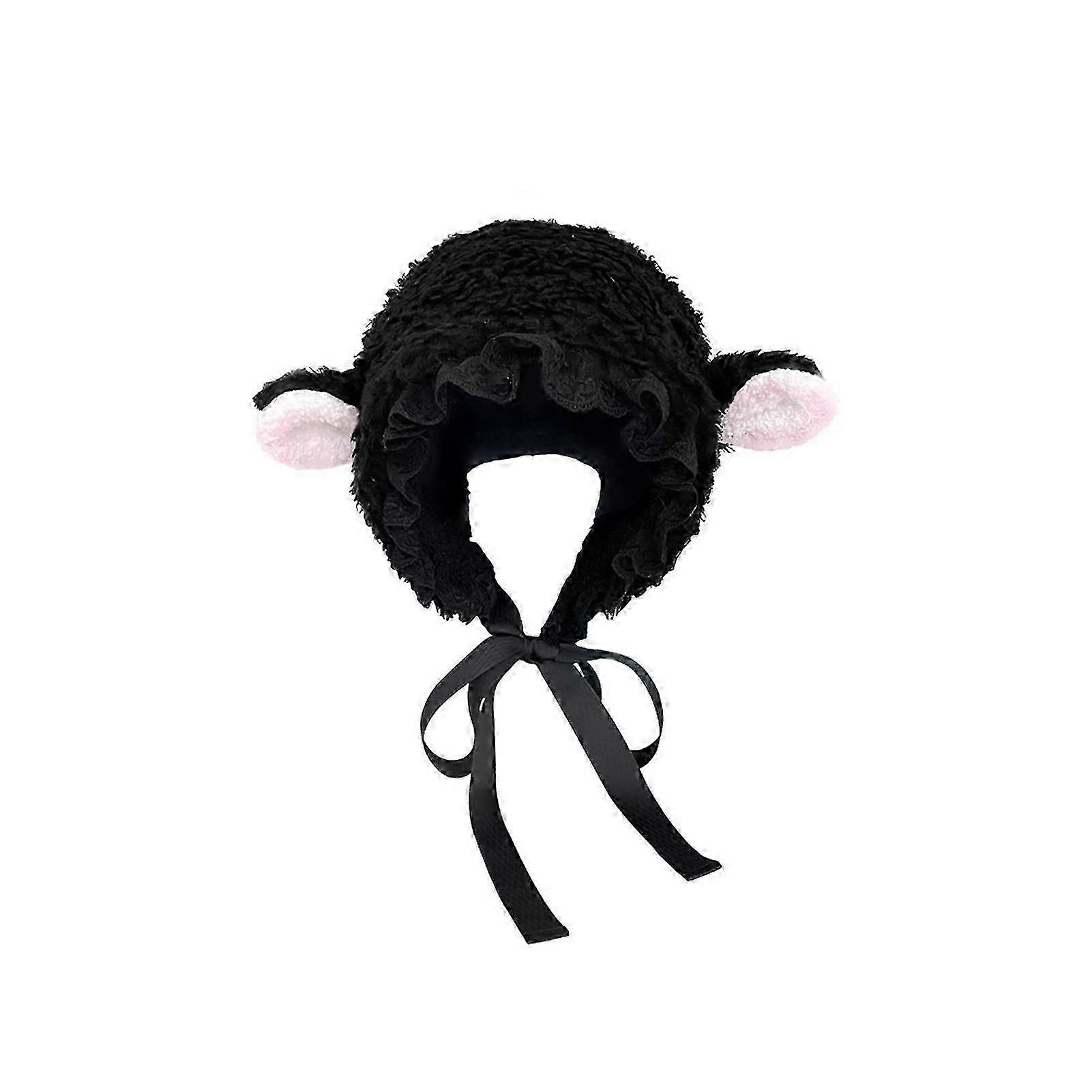Solid Color Fluffy Thick Winter Hat with Sheep Ear Decor Windproof and Adjustable for Students