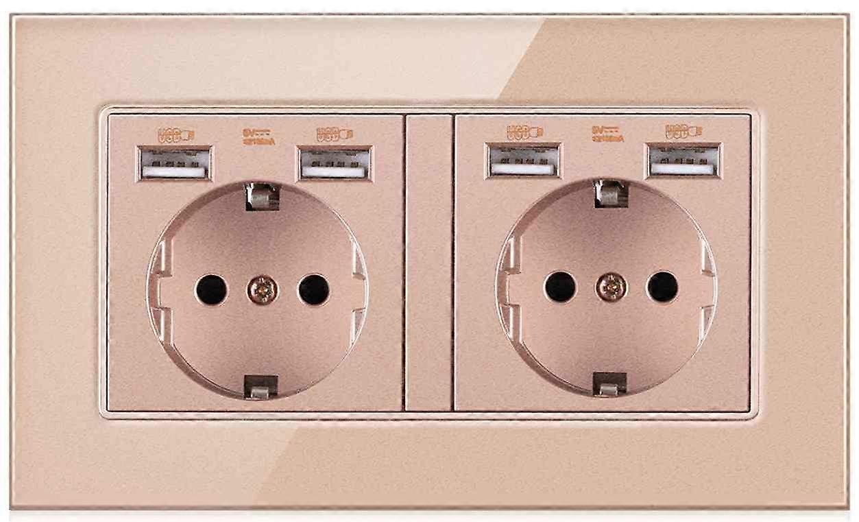 Eu Plug Wall Double Socket 16A 250V With 4 USB Electrical Outlets Golden Glass Panel Germany Power Sockets