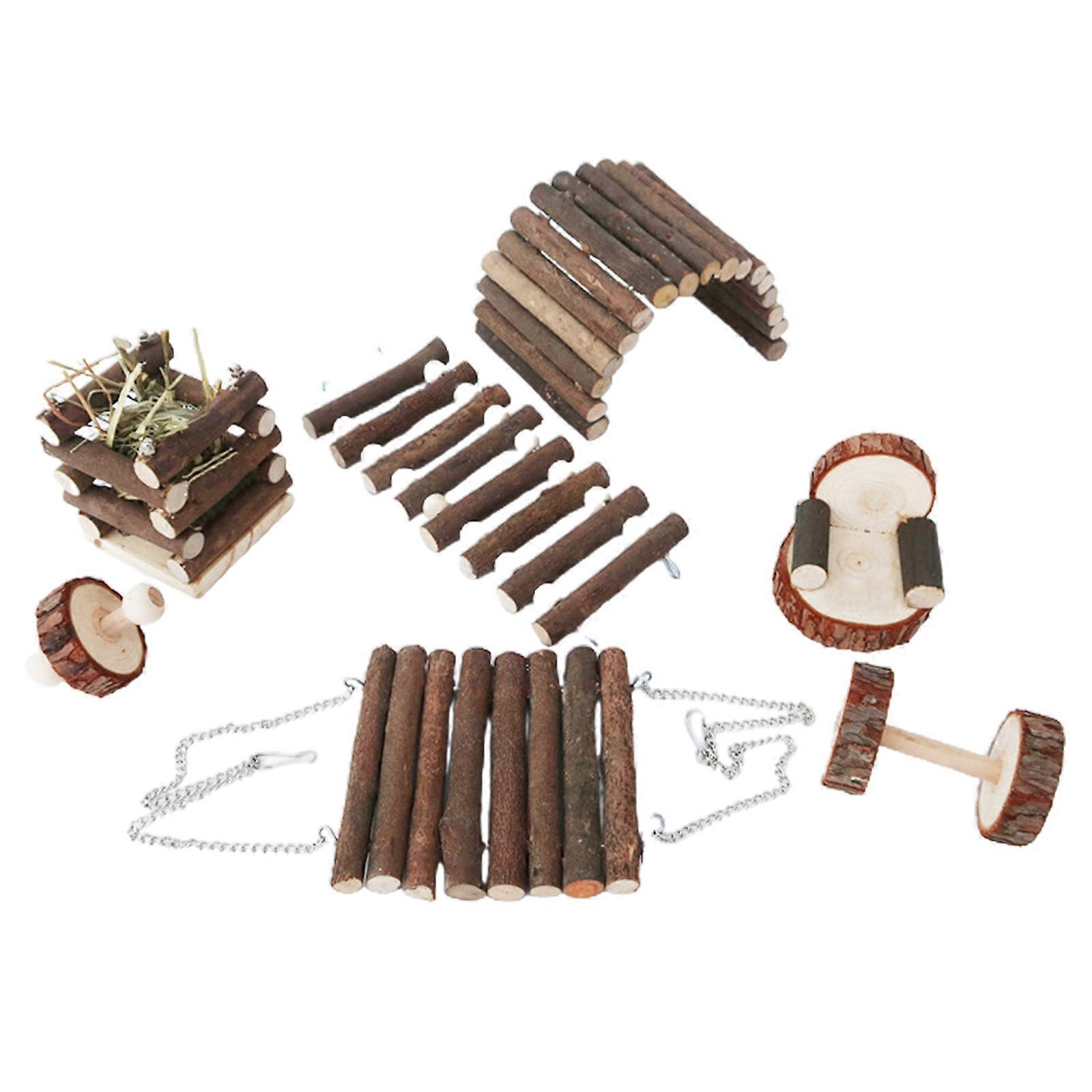 7-Piece Hamster Chew Toys for Small Animal Teeth Grinding Natural Wood Swing Ladder Bridge Toy for Gerbils Mice Rats