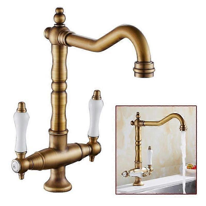 Kitchen Sink Mixer Tap Solid Brass Double Handle Kitchen Faucet - Bronze