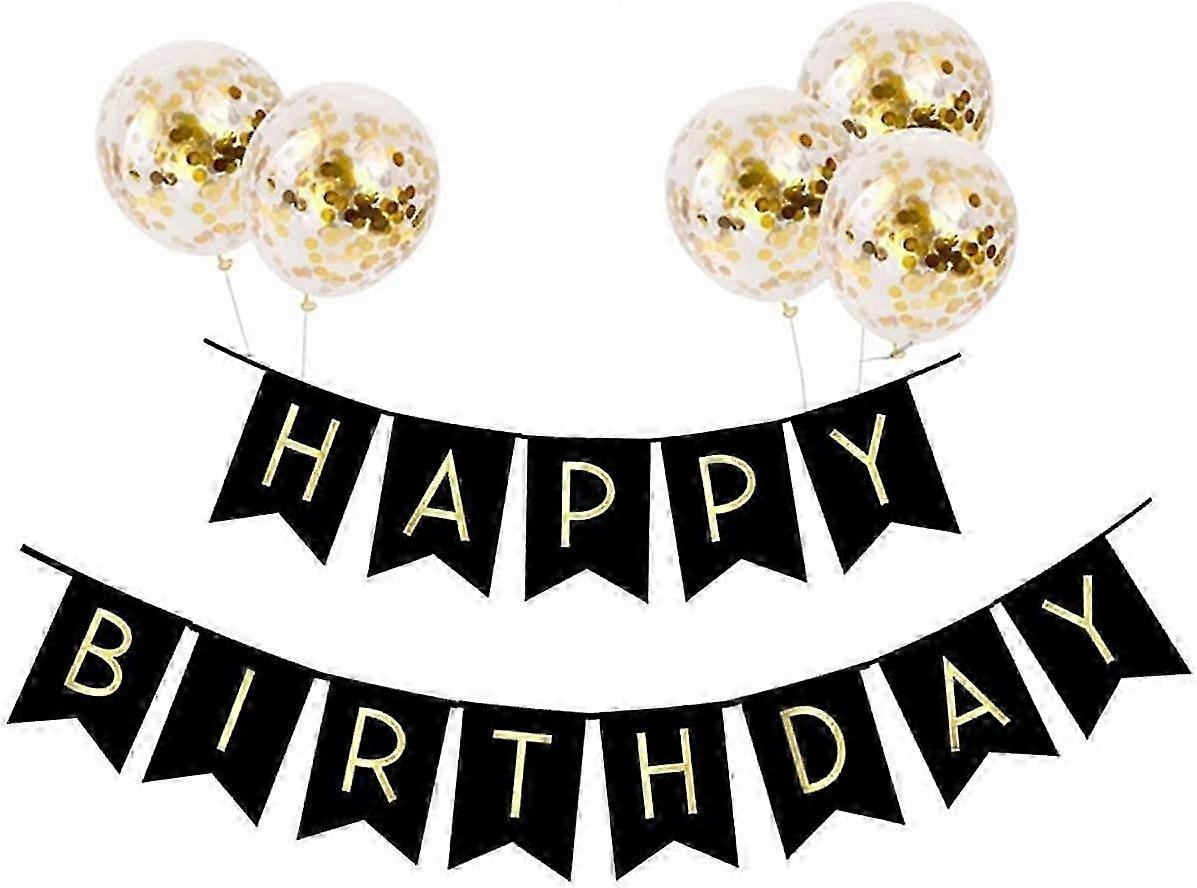 Happy Birthday Banner Bunting with 5 Gold Confetti Latex Balloons Suitable for Various Occasions - White