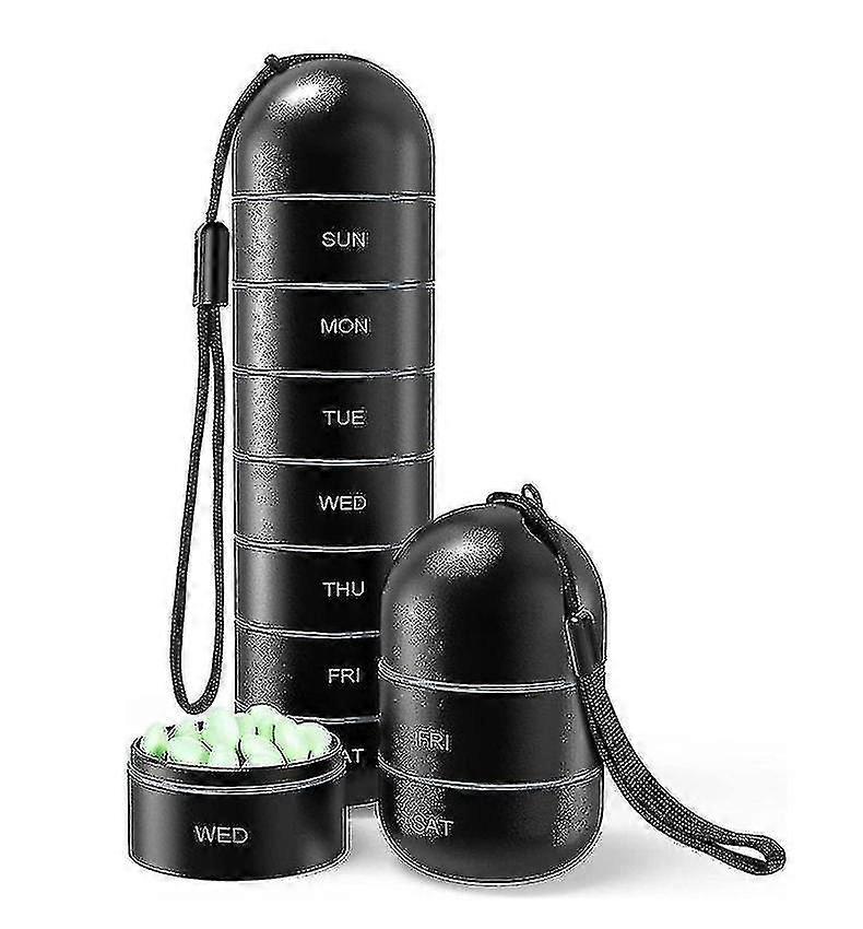 Metal Moisture Proof Weekly Pill Organizer, Stackable 7-Day Travel Case - Black