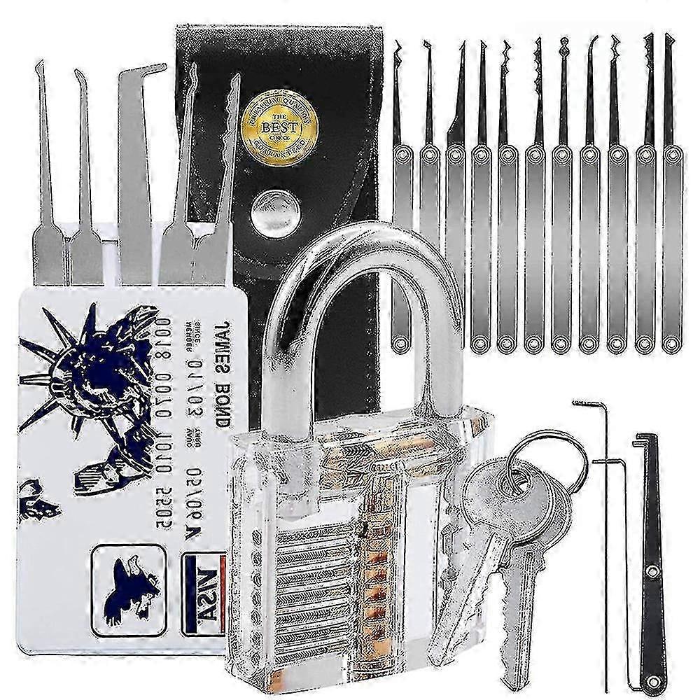 20-Piece Beginner Lock Pick Set with Transparent Practice Padlock, Training Lock Kit