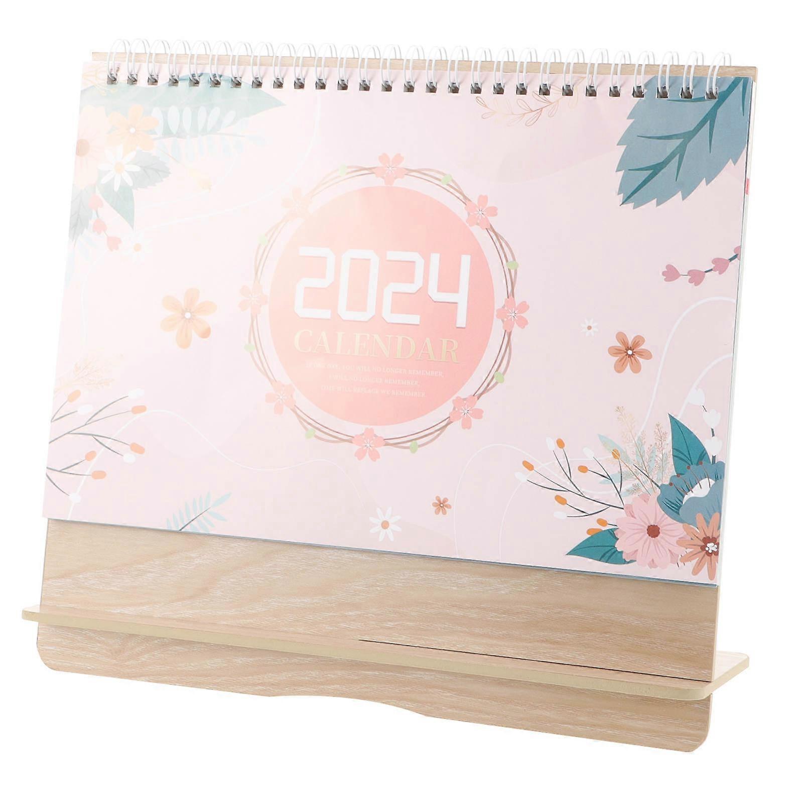 Household Desk Calendar Rectangular Tabletop Calendar 2024 For Home Use Beige Color Wood Material Date Marking 1Pack