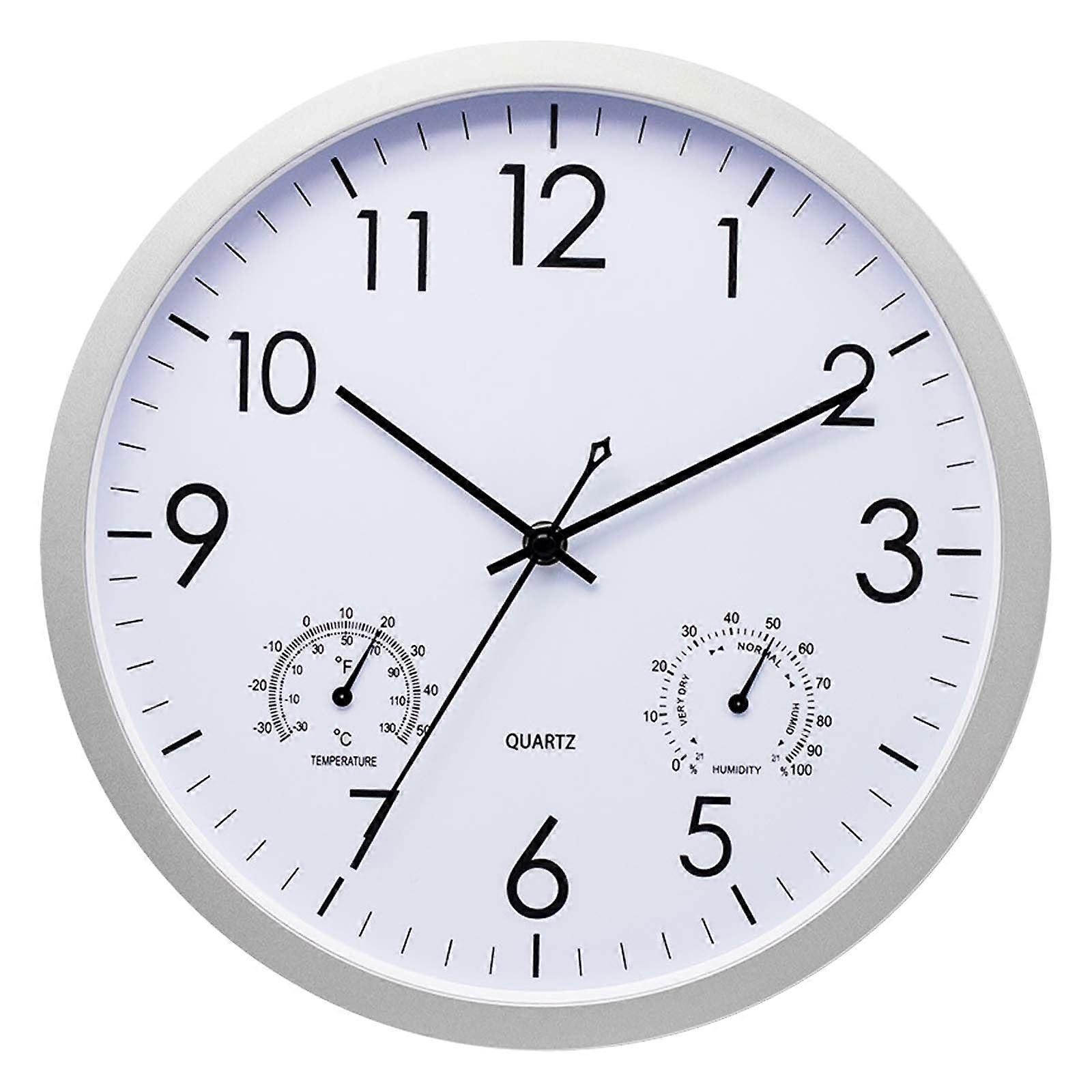 Silent Wall Clock with Temperature Display and Humidity Meter, White Radio Wall Clock with Stainless Steel Frame