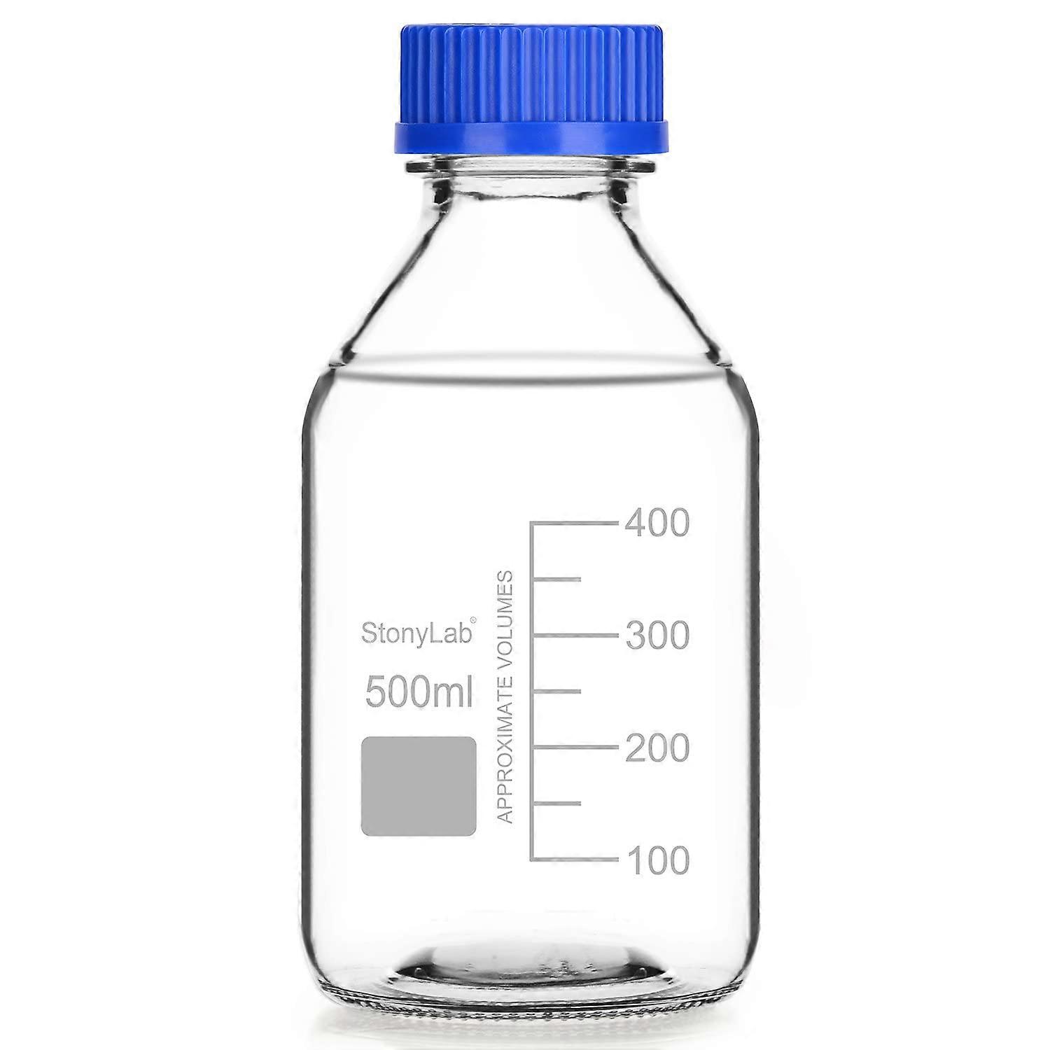 Graduated Glass Storage Bottles 500ml with GL45 Blue Screw Cap, Clear Round Lab Reagents Container, 1 Pack