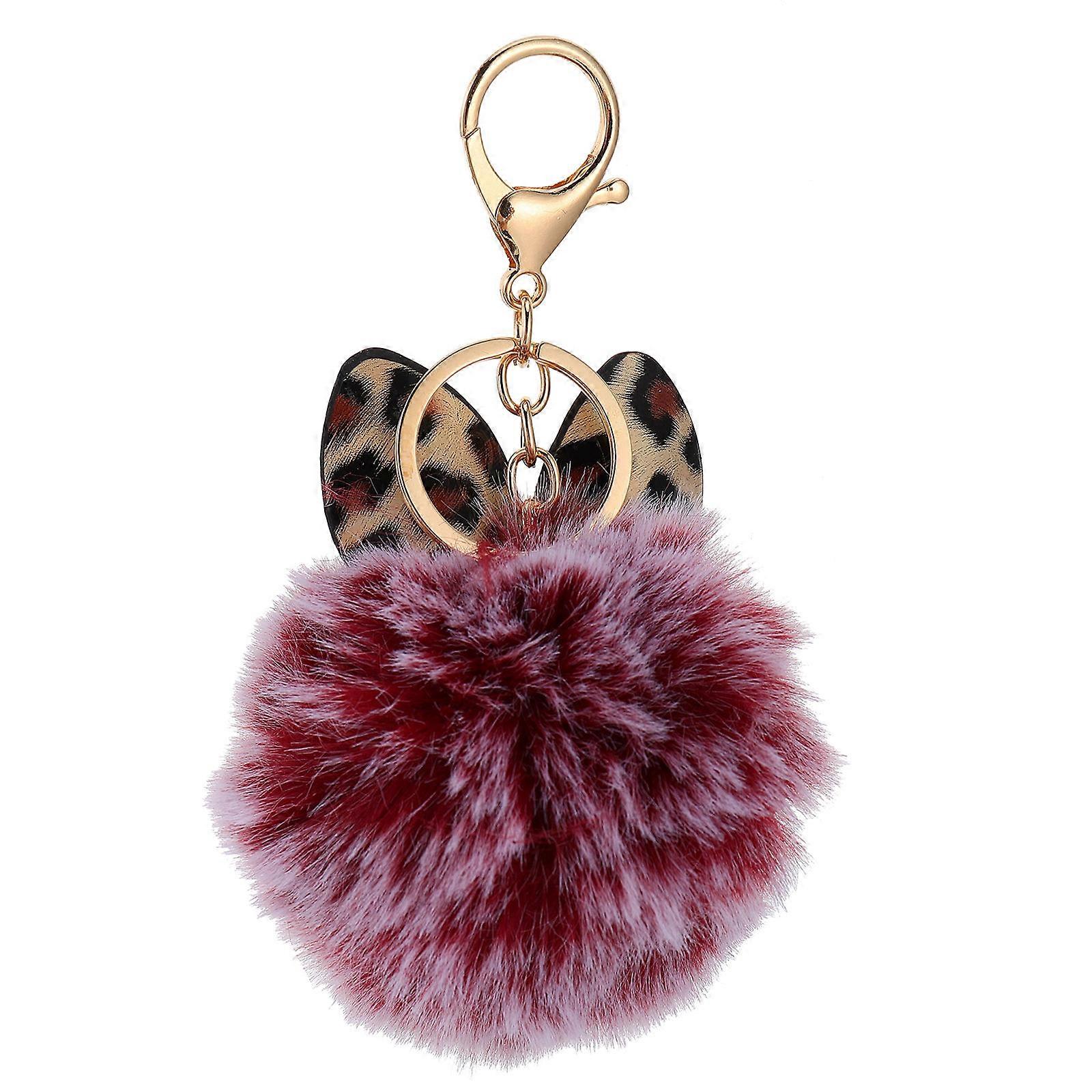 Leopard Print Furry Ball Keychain Pendant – Soft Key Ring for Cell Phones, Car Keys & Handbags – Cute Ornament Decoration in Wine Red