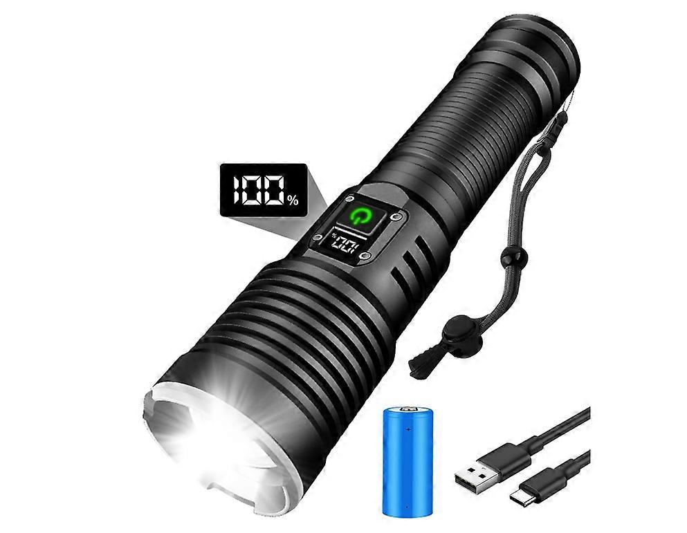 Torches LED Super Bright Rechargeable 15000 lumens with LCD Power Display, LED Rechargeable(5000mAh Battery) Torch, Adjustable Focus 5 Light Modes(Bla