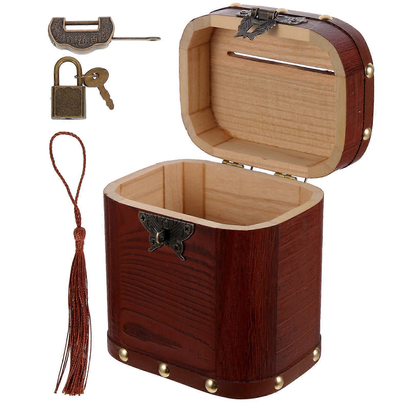 Retro Wooden Treasure Chest Coin Bank with Lockable Flip Lid Storage Box for Vintage Style Savings Habit Development