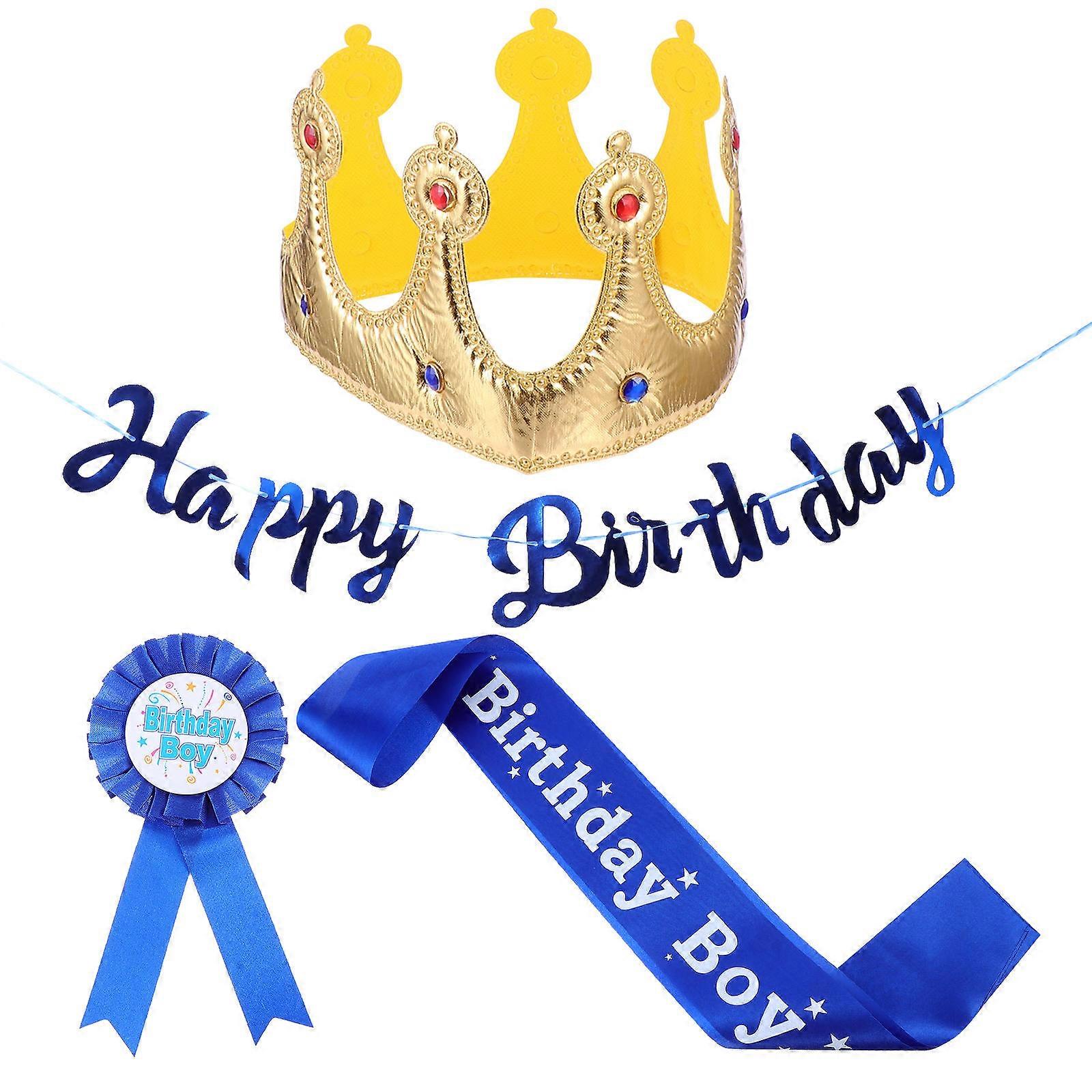 Birthday Crown Sash and Badge Banner Set Blue 160x9.5cm Party Decoration 1Set