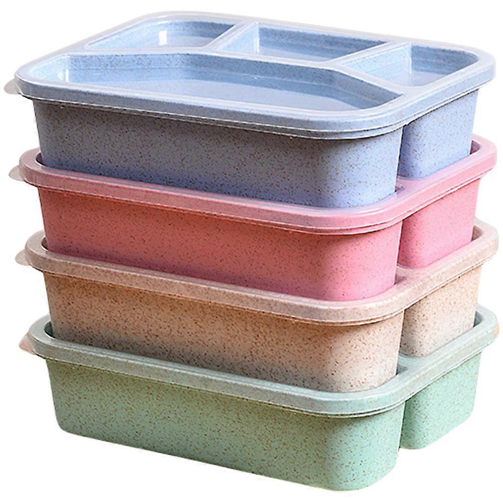 Sectioned Lunch Box Straw Material Rectangular Shape Leak-Proof Green 4Pcs