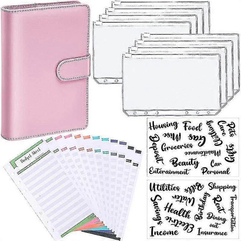 A6 Binder Budget Planner Notebook Covers Folder with 6 Hole Pockets and Plastic Zipper in Pink