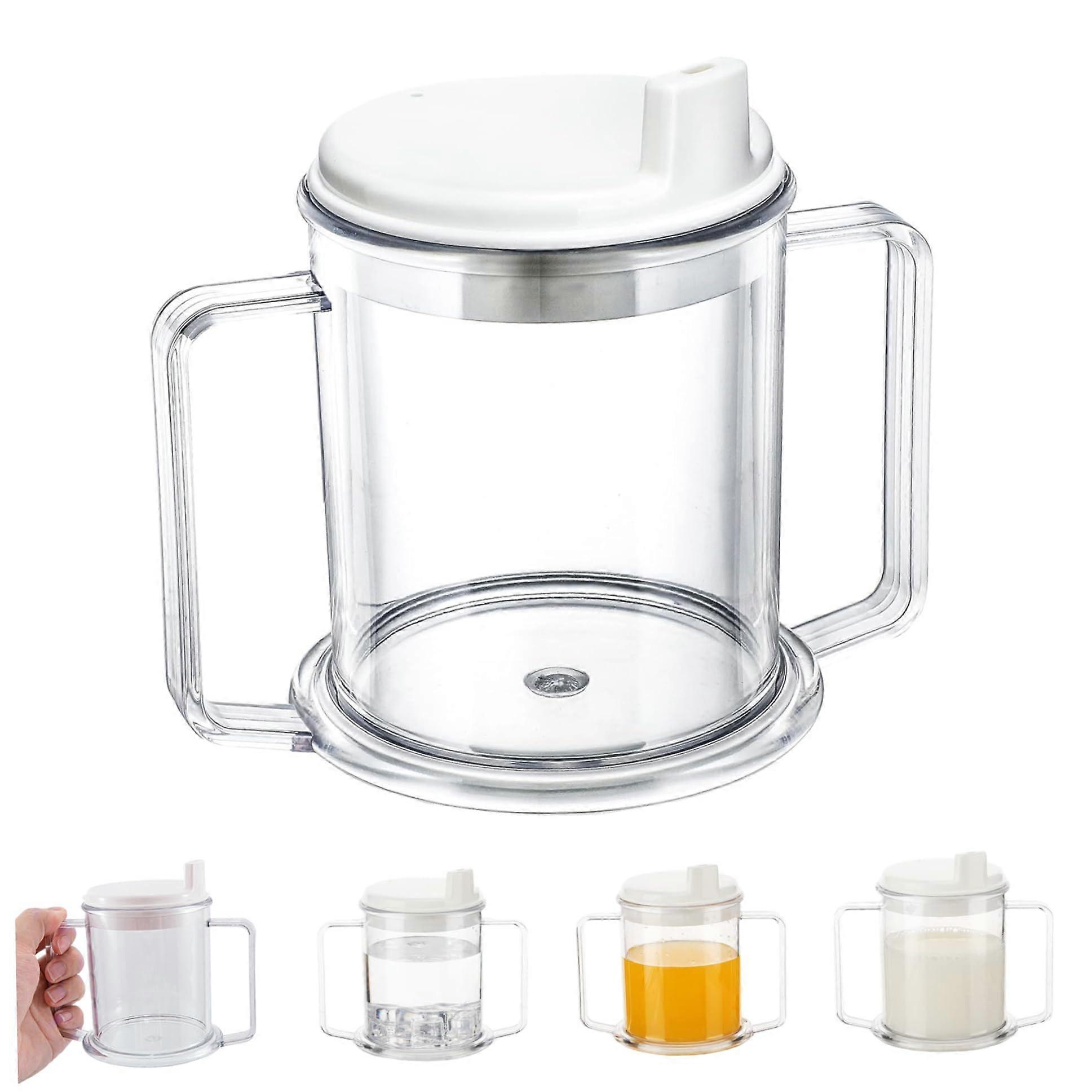 Leakproof spout cup for the elderly with for adults, transparent dysphagia cup made of plastic with double handles and lid.